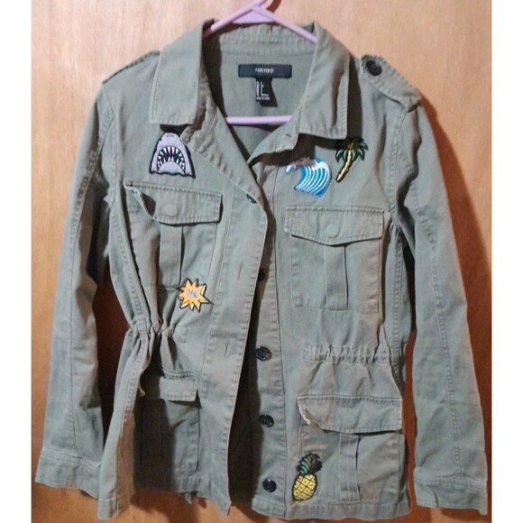 Forever 21 Utility Drawstring Army Green Jacket With Patches Size Small Pockets - Picture 1 of 16